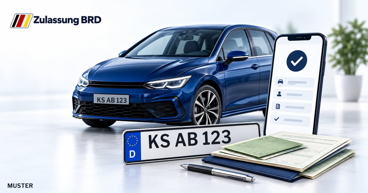 Online Fahrzeugzulassung in Fuldatal: Musterkennzeichen KS AB 123, Auto und Fahrzeugpapiere und Smartphone. Illustration mit Logo von Zulassung BRD.